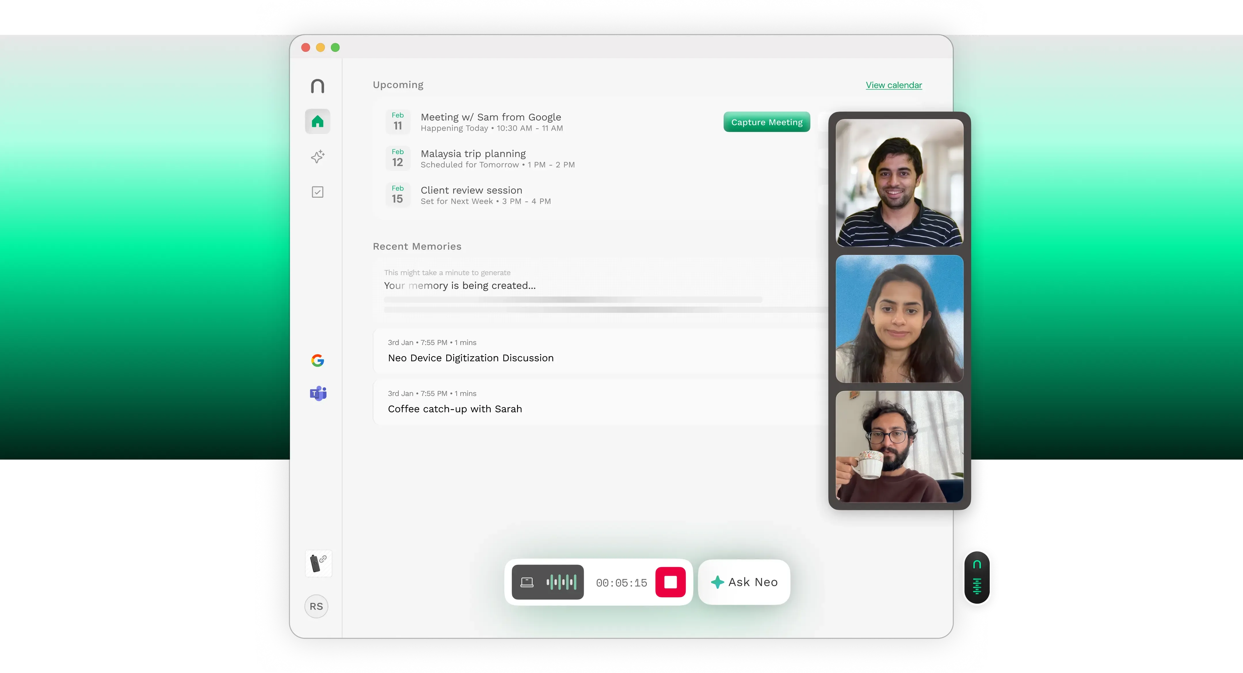 NeoSapien desktop app capturing a video call — no bot joins the meeting