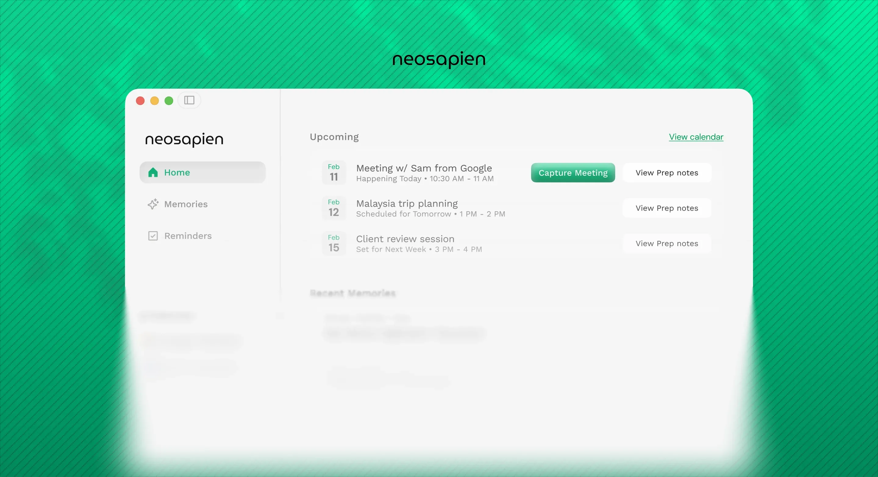 NeoSapien desktop app — upcoming meetings and recent memories