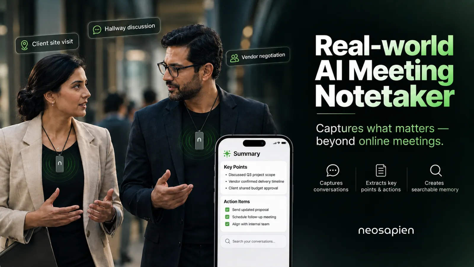 Two colleagues talking while walking through an office corridor, both wearing Neo 1 pendants, with labels for a client site visit, hallway discussion and vendor negotiation, and a phone showing the meeting summary.